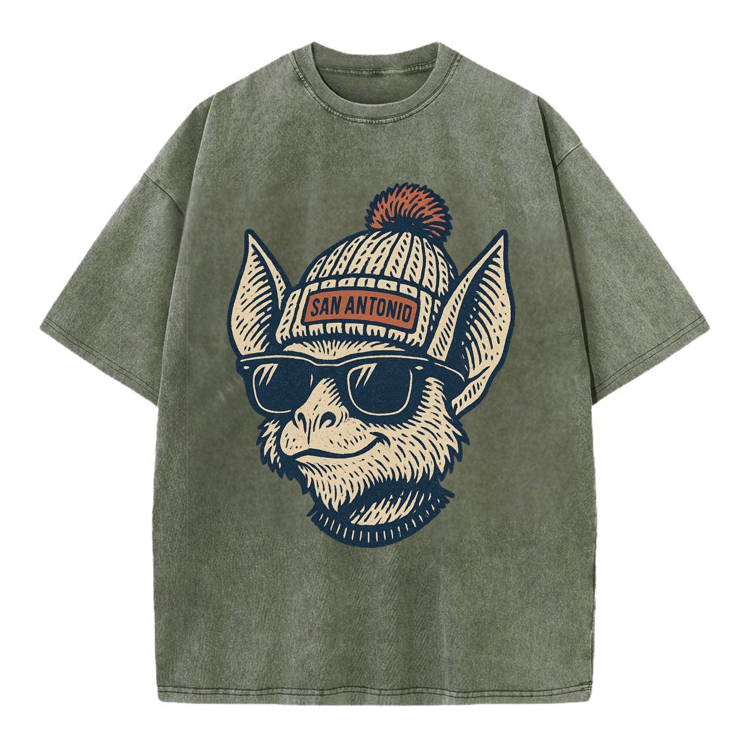 San Antonio Bat wearing San Antonio beanie with pom pom and wayfarer sunglasses - Vintage T-shirt - Army Green