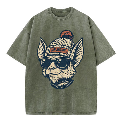 San Antonio Bat wearing San Antonio beanie with pom pom and wayfarer sunglasses - Vintage T-shirt - Army Green