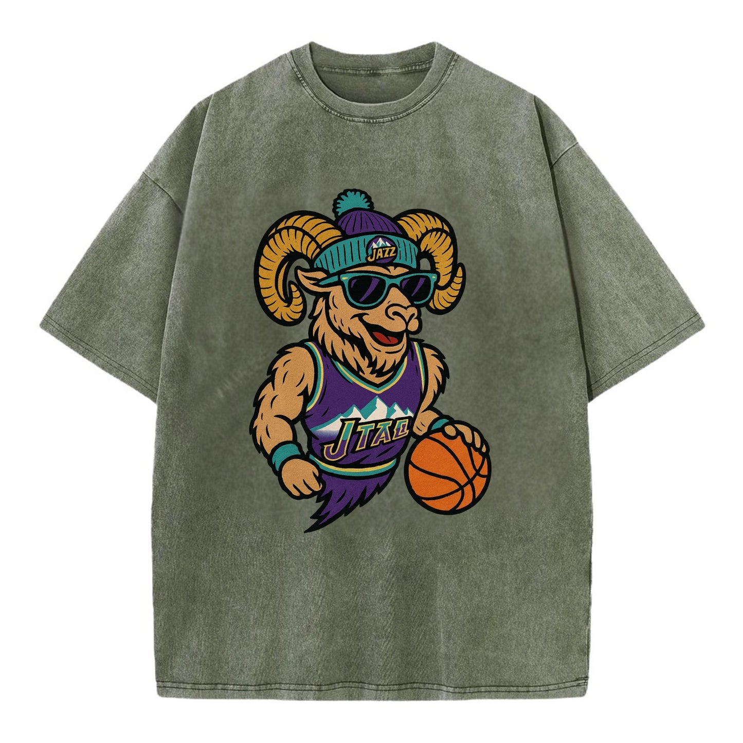Utah Bighorn wearing Jazz beanie with mountain melody patch and wayfarer - Vintage T-shirt - Army Green
