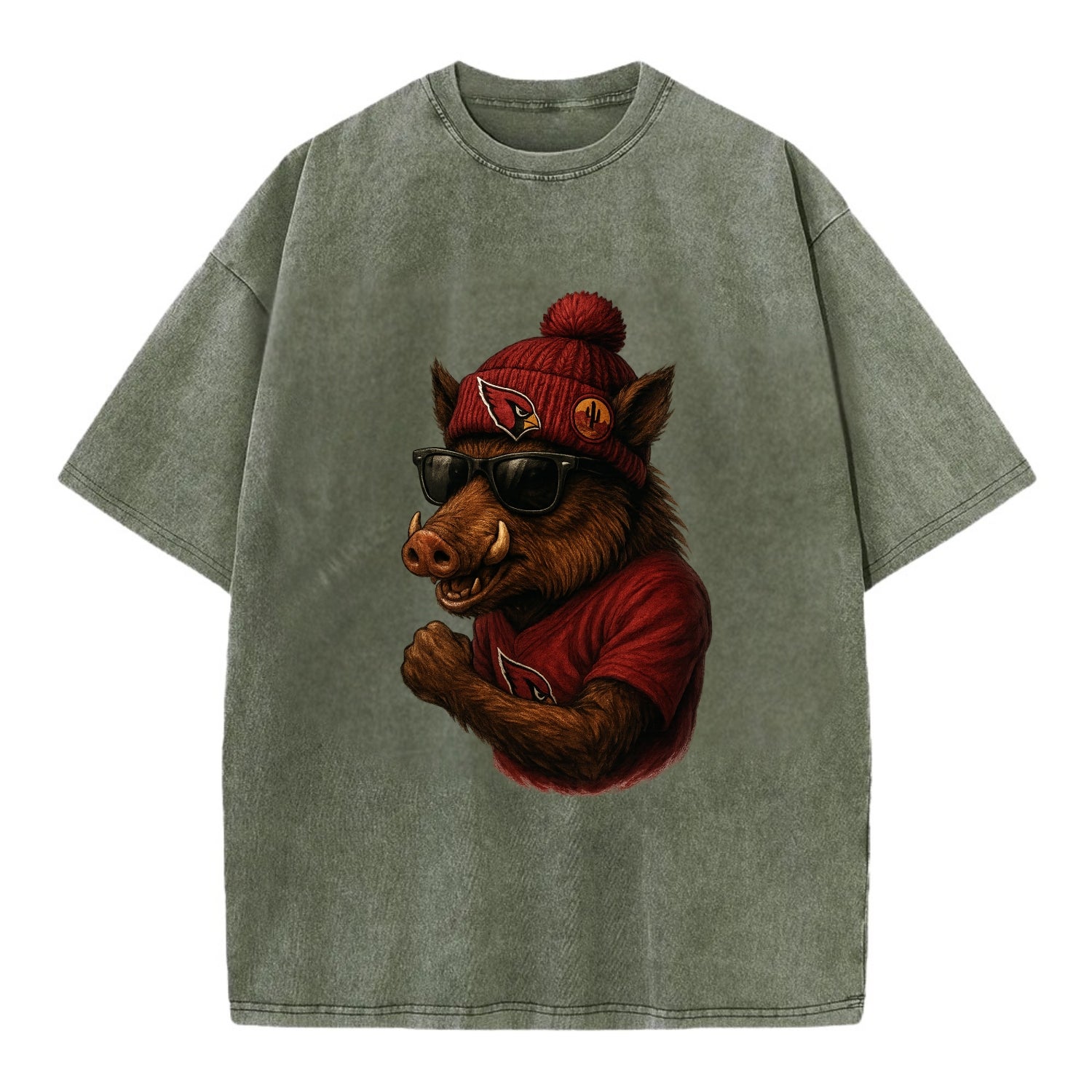 Arizona Javelina wearing Cardinals beanie with desert patch and wayfarer - Vintage T-shirt - Army Green