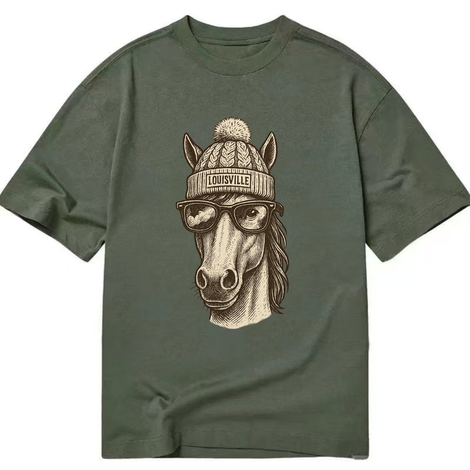 Kentucky Thoroughbred Horse wearing Louisville beanie with pom pom and wayfarer - Classic T-shirt - Army Green