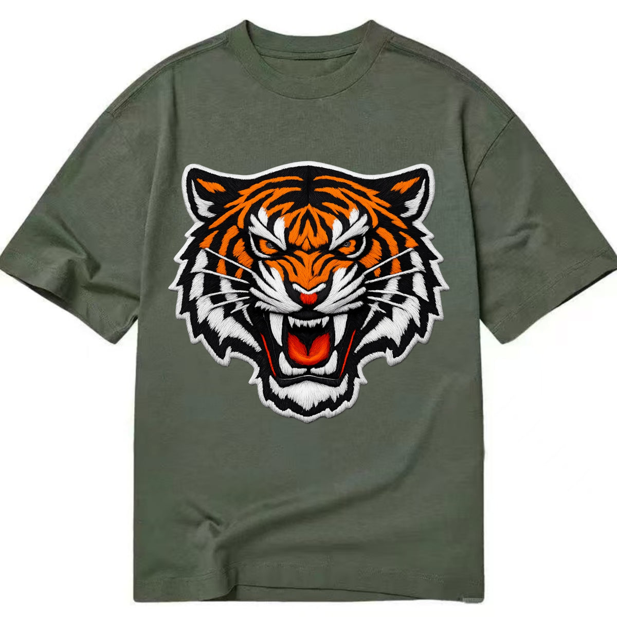 TIGER STRIPES FACE - fierce tiger face in orange, black and white , predator power - Classic T-shirt - Army Green