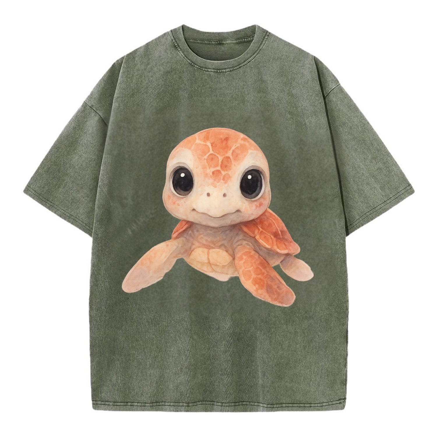 Baby Loggerhead Turtle - reddish-brown shell, big round dark eyes, chunky head, - Vintage T-shirt - Army Green