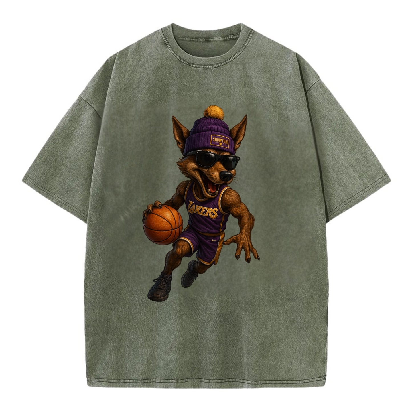 Hollywood Coyote wearing Lakers beanie with Showtime patch and wayfarer sunglasses - Vintage T-shirt - Army Green