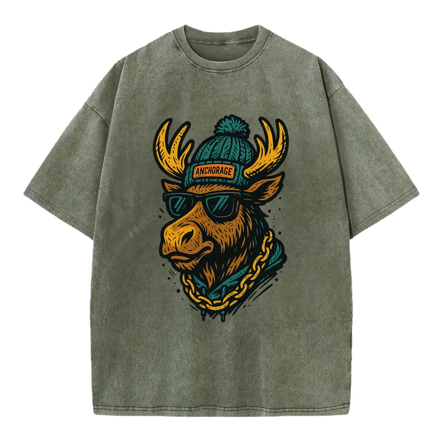 Alaska Moose wearing Anchorage beanie with pom pom and wayfarer sunglasses - Vintage T-shirt - Army Green