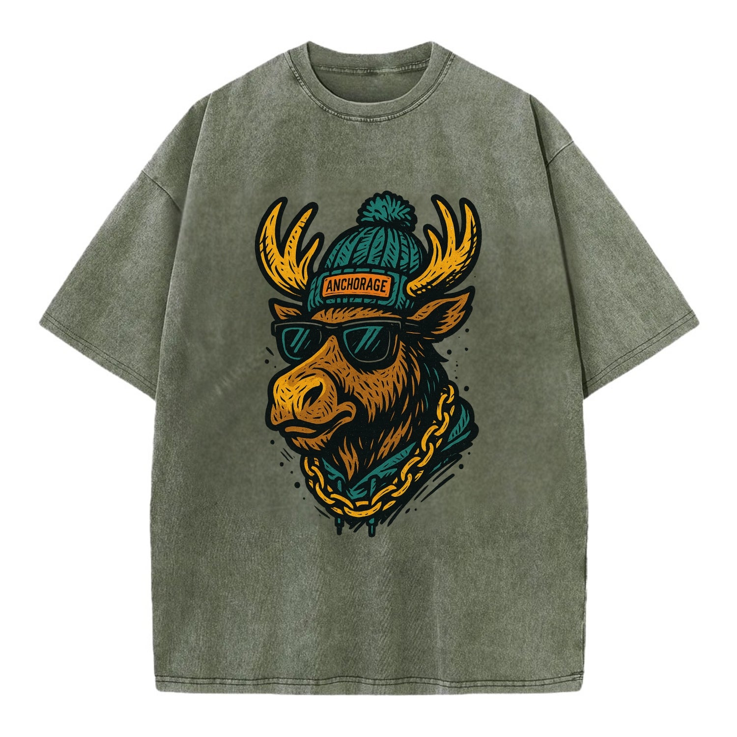 Alaska Moose wearing Anchorage beanie with pom pom and wayfarer sunglasses - Vintage T-shirt - Army Green
