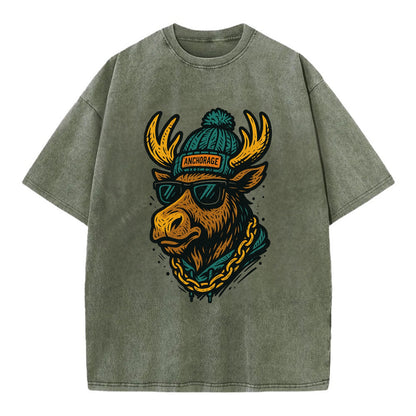 Alaska Moose wearing Anchorage beanie with pom pom and wayfarer sunglasses - Vintage T-shirt - Army Green