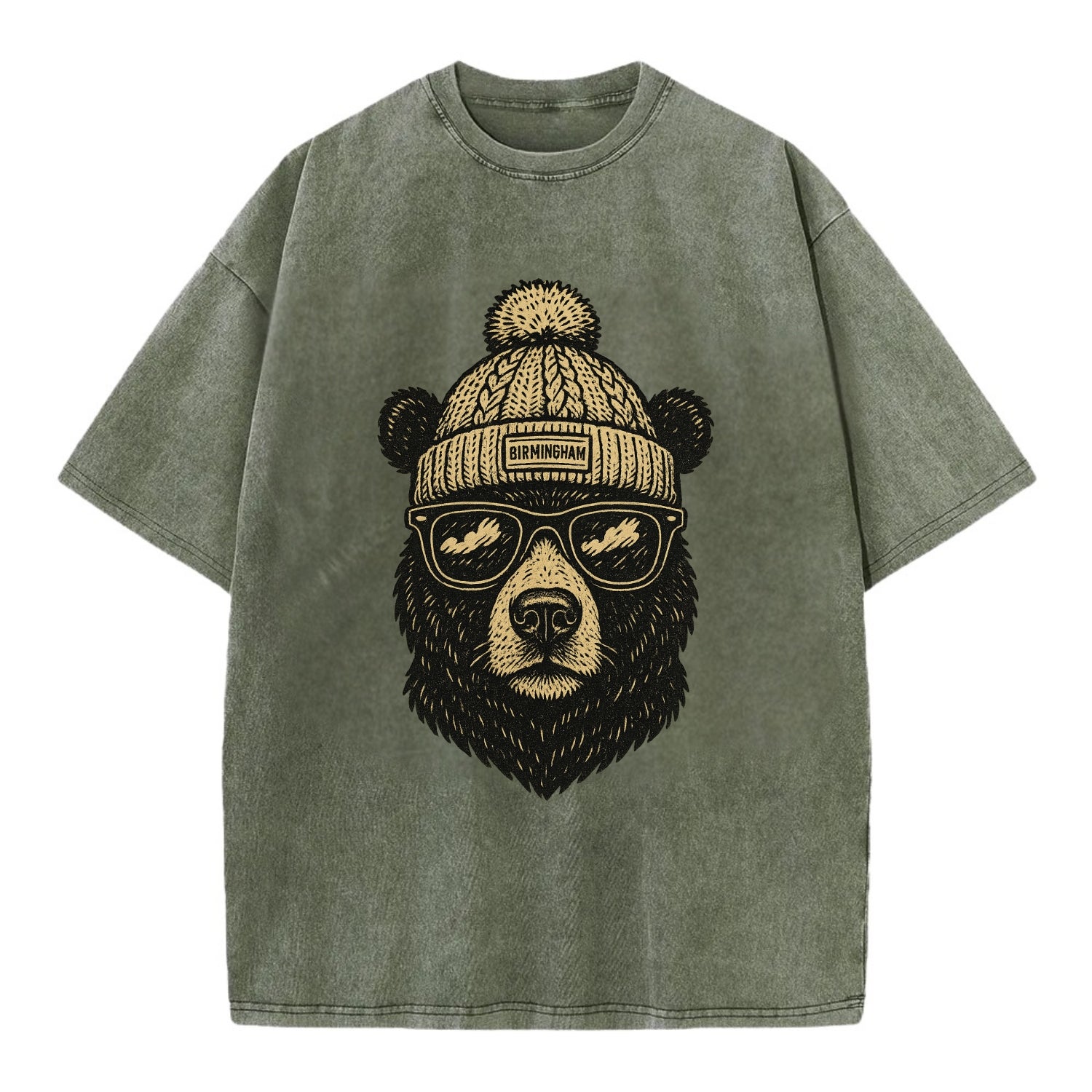 Alabama Black Bear wearing Birmingham beanie with pom pom and wayfarer sunglasses - Vintage T-shirt - Army Green
