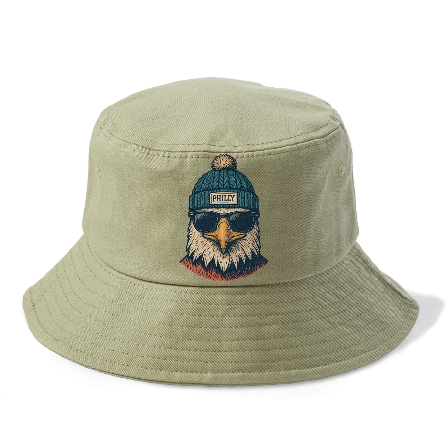 Philadelphia Eagle wearing Philly beanie with pom pom and wayfarer sunglasses - Bucket Hat - Army Green
