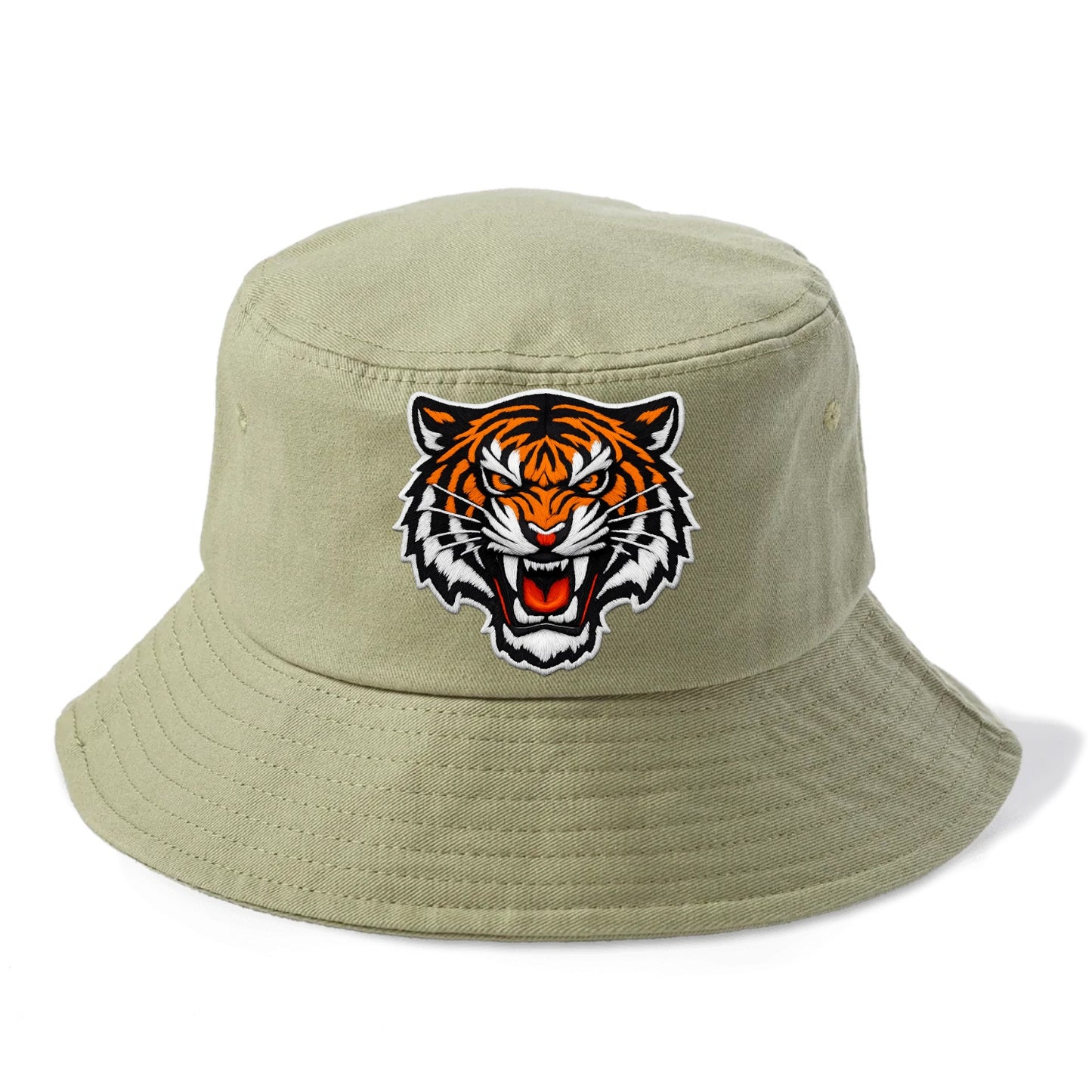 TIGER STRIPES FACE - fierce tiger face in orange, black and white , predator power - Bucket Hat - Army Green