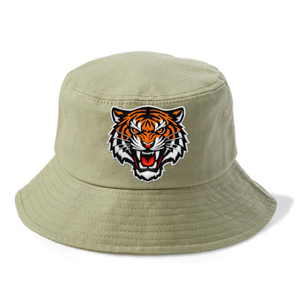 TIGER STRIPES FACE - fierce tiger face in orange, black and white , predator power - Bucket Hat - Army Green