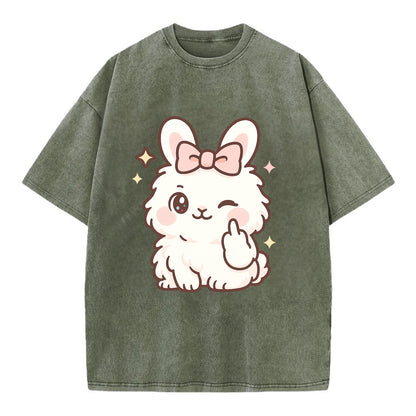 fluffy white angora rabbit with pink bow, one paw delicately flipping off - Vintage T-shirt - Army Green