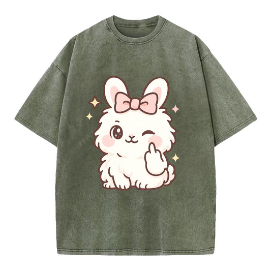 fluffy white angora rabbit with pink bow, one paw delicately flipping off - Vintage T-shirt - Army Green