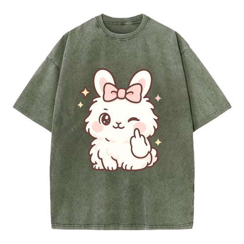 fluffy white angora rabbit with pink bow, one paw delicately flipping off - Vintage T-shirt