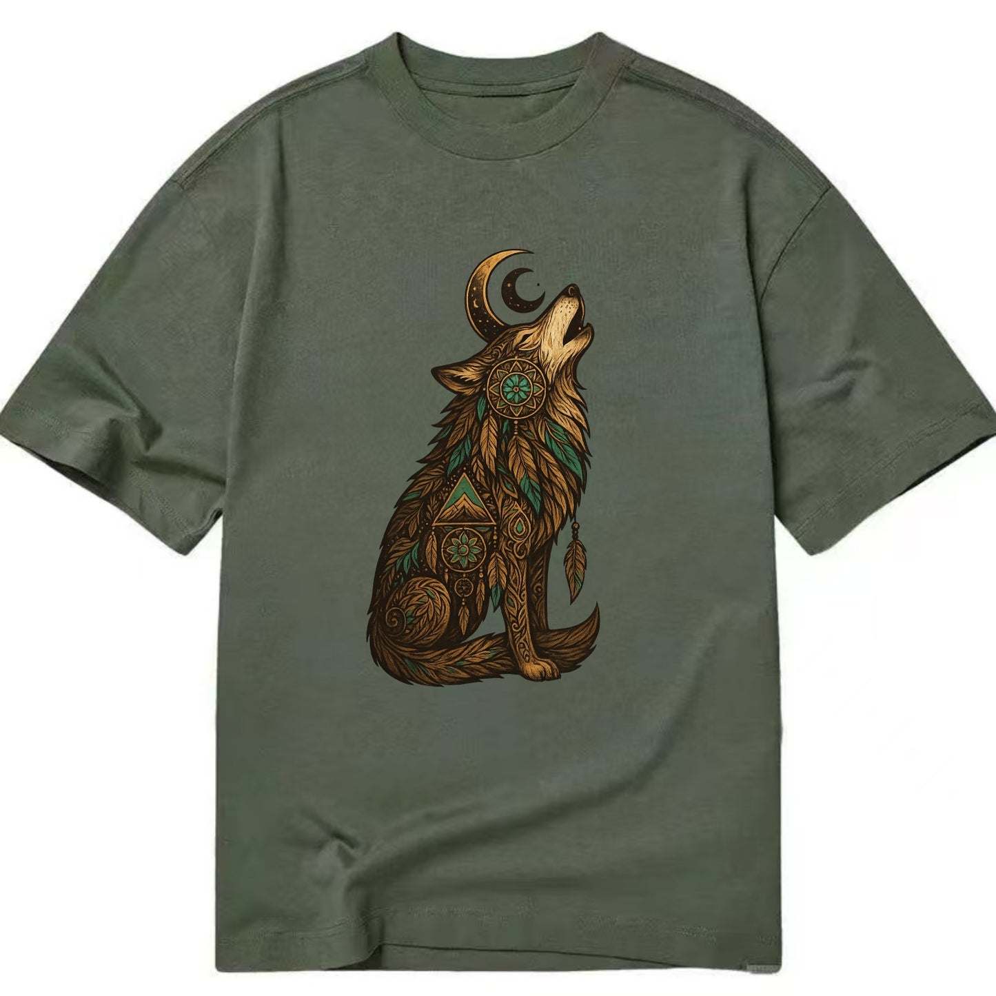 Celestial Moon Wolf  - Classic T-shirt - Army Green