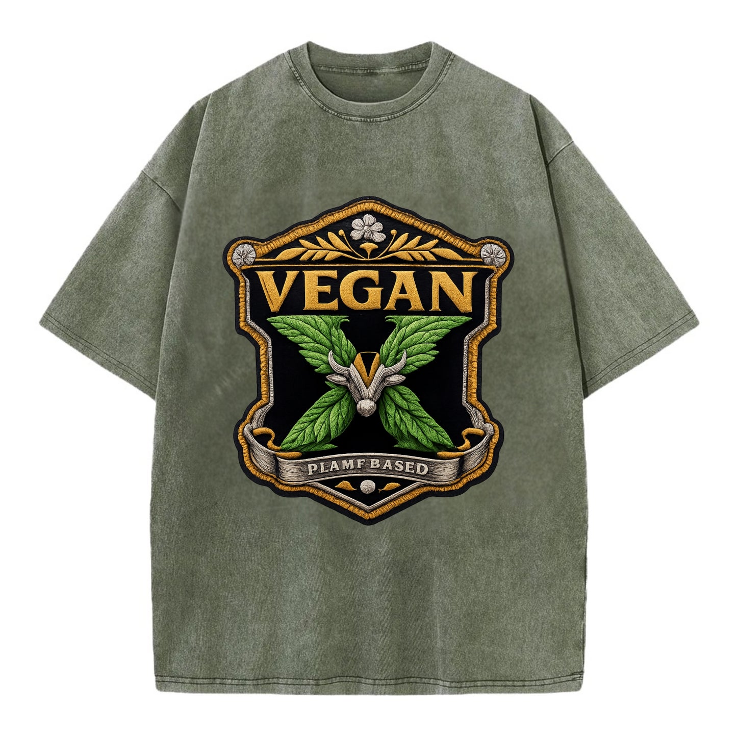 VEGAN X - plant-based symbol in green , animal rights - Vintage T-shirt - Army Green