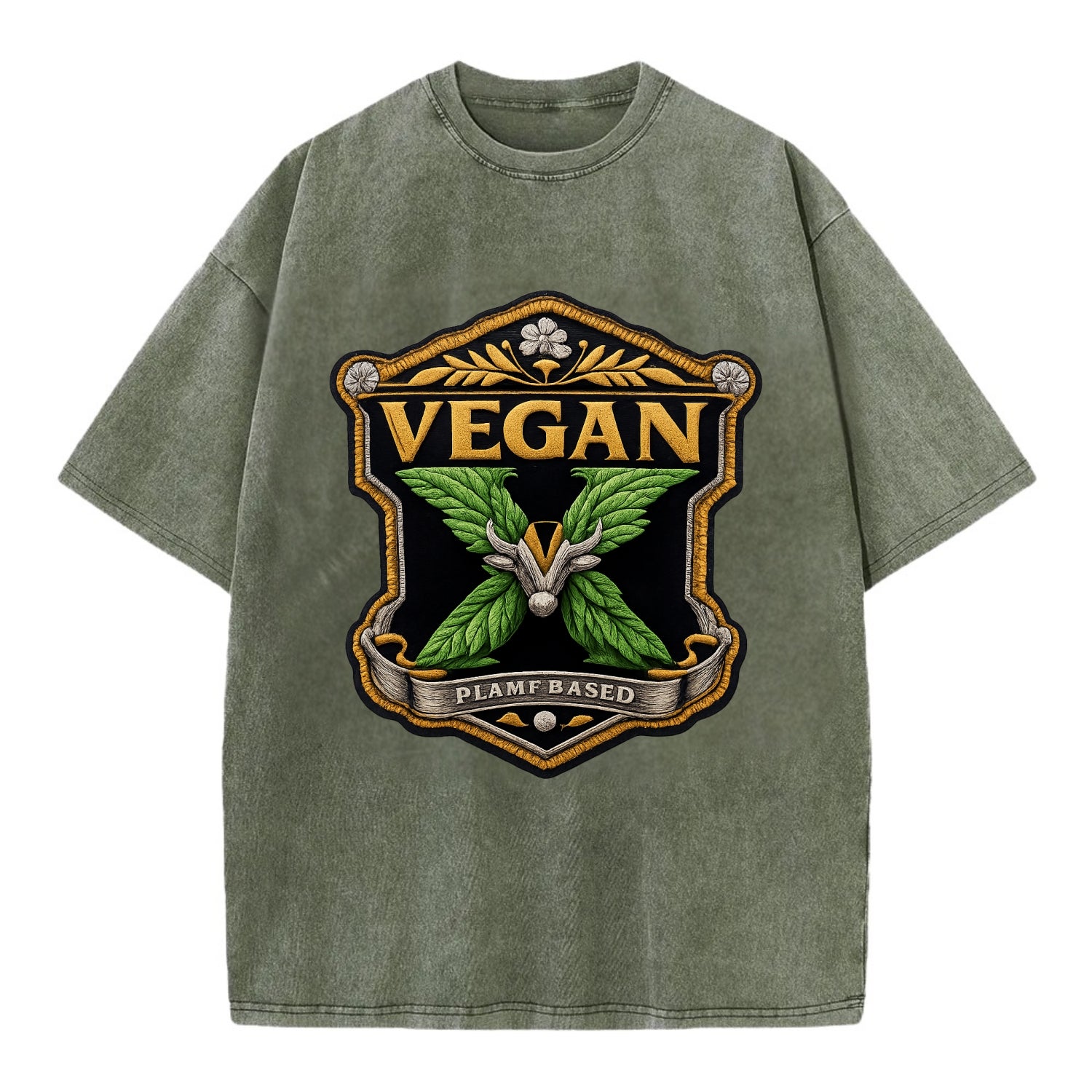 VEGAN X - plant-based symbol in green , animal rights - Vintage T-shirt - Army Green