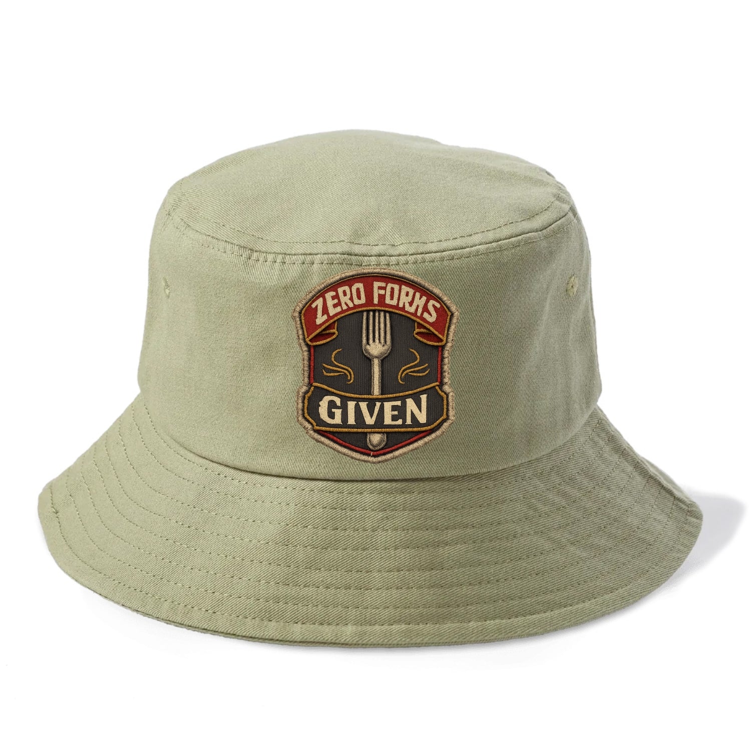ZERO FORKS GIVEN - fork with text in silver , no cares attitude - Bucket Hat - Army Green
