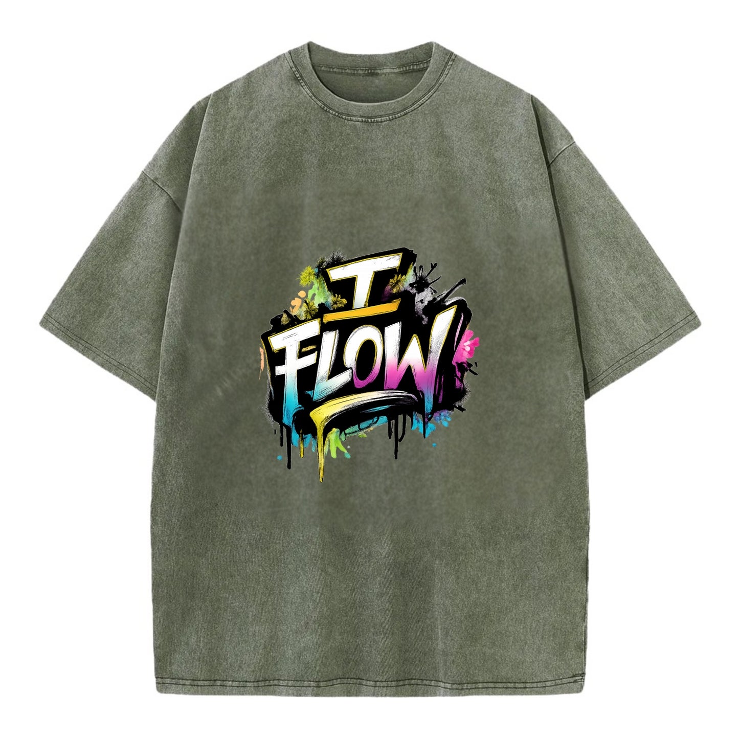 Bold typography design - "I FLOW" - going with life, easy movement - Vintage T-shirt - Army Green