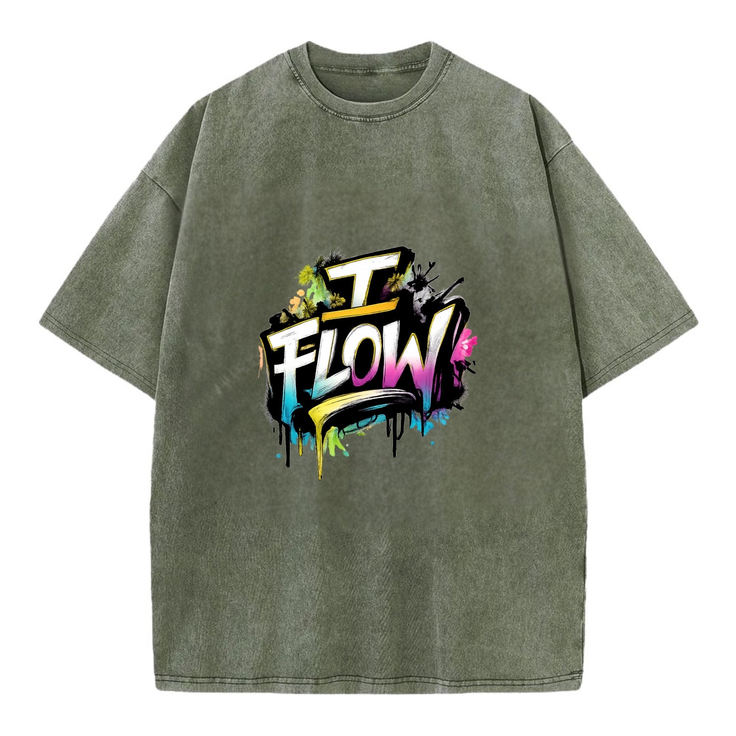 Bold typography design - "I FLOW" - going with life, easy movement - Vintage T-shirt - Army Green
