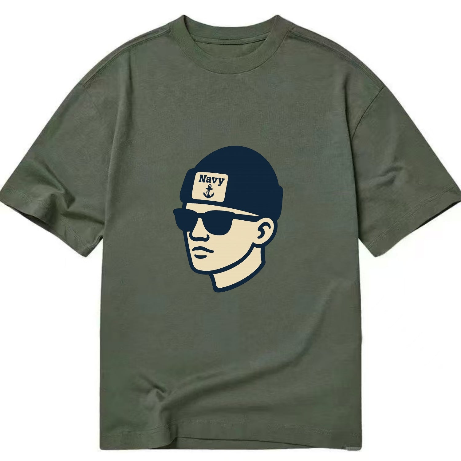 Annapolis Midshipman wearing Navy beanie with anchor patch - Classic T-shirt - Army Green