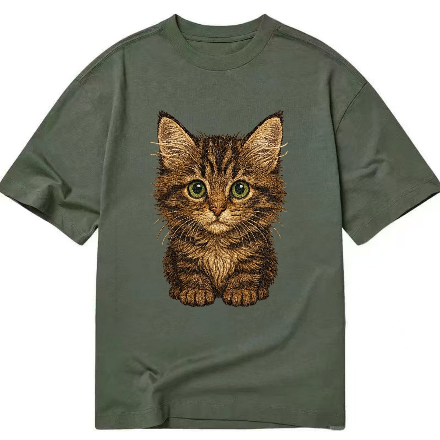 Baby Maine Coon Kitten - large fluffy tabby, tufted ears, big green eyes, - Classic T-shirt - Army Green