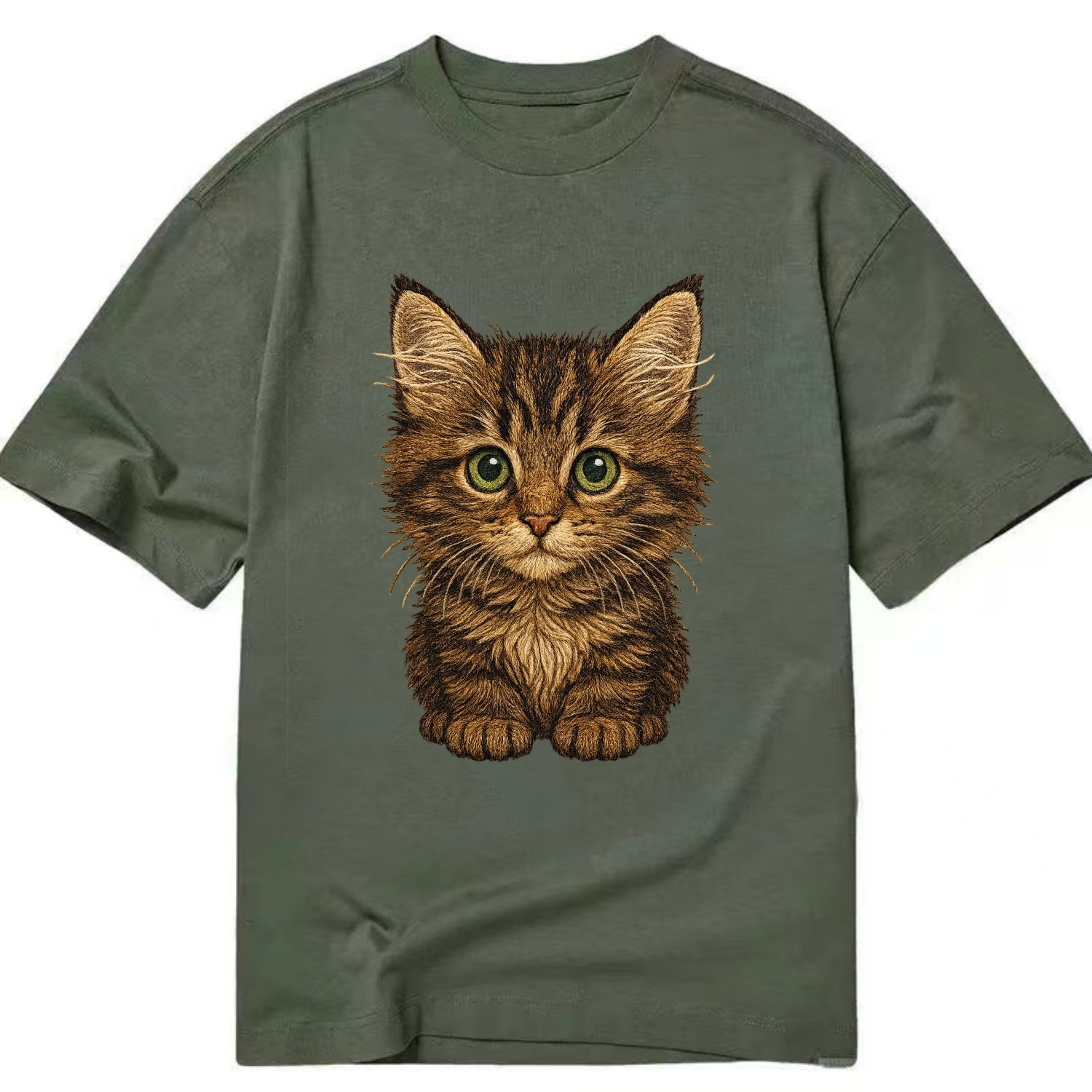 Baby Maine Coon Kitten - large fluffy tabby, tufted ears, big green eyes, - Classic T-shirt - Army Green