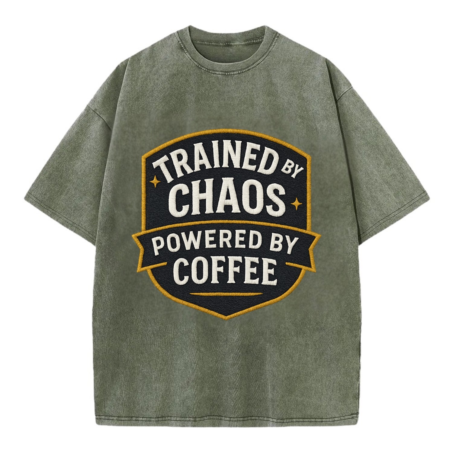 Trained by chaos, powered by coffee - Vintage T-shirt - Army Green