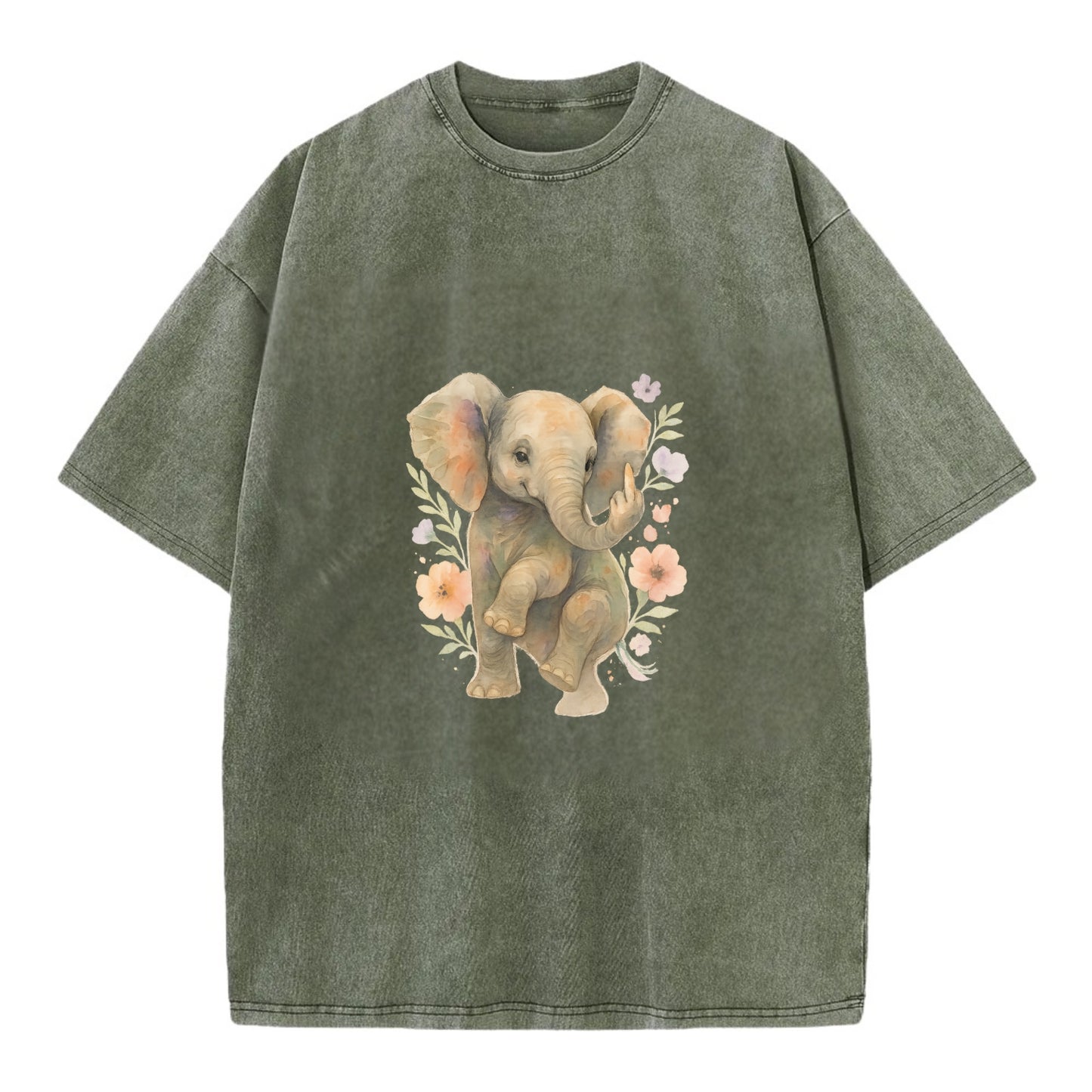 baby elephant with trunk up, one foot raised with middle toe extended - Vintage T-shirt - Army Green