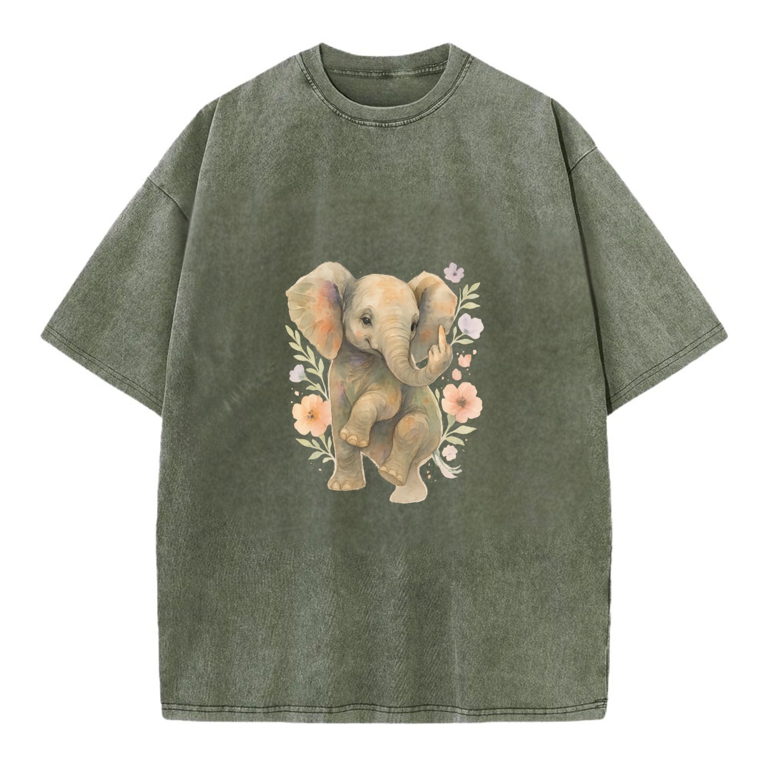 baby elephant with trunk up, one foot raised with middle toe extended - Vintage T-shirt - Army Green