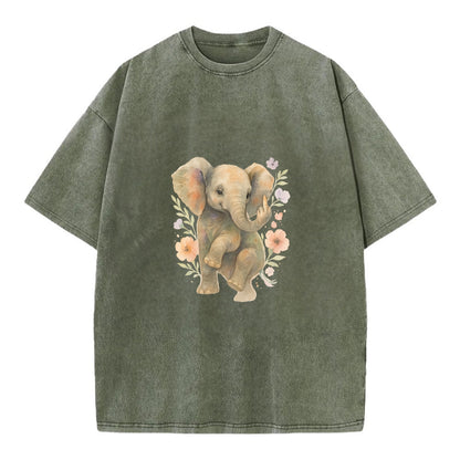 baby elephant with trunk up, one foot raised with middle toe extended - Vintage T-shirt - Army Green