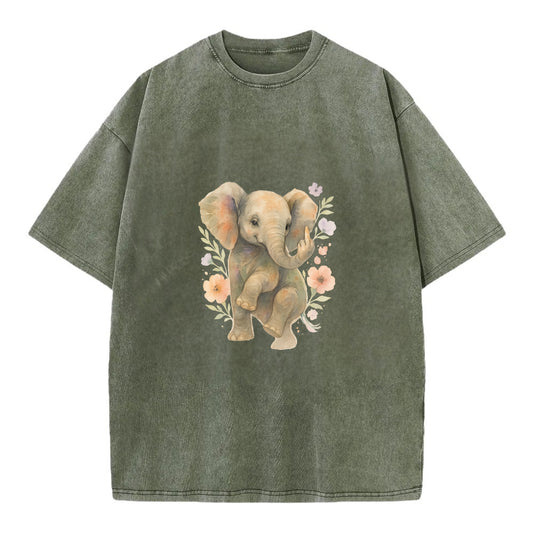baby elephant with trunk up, one foot raised with middle toe extended - Vintage T-shirt - Army Green