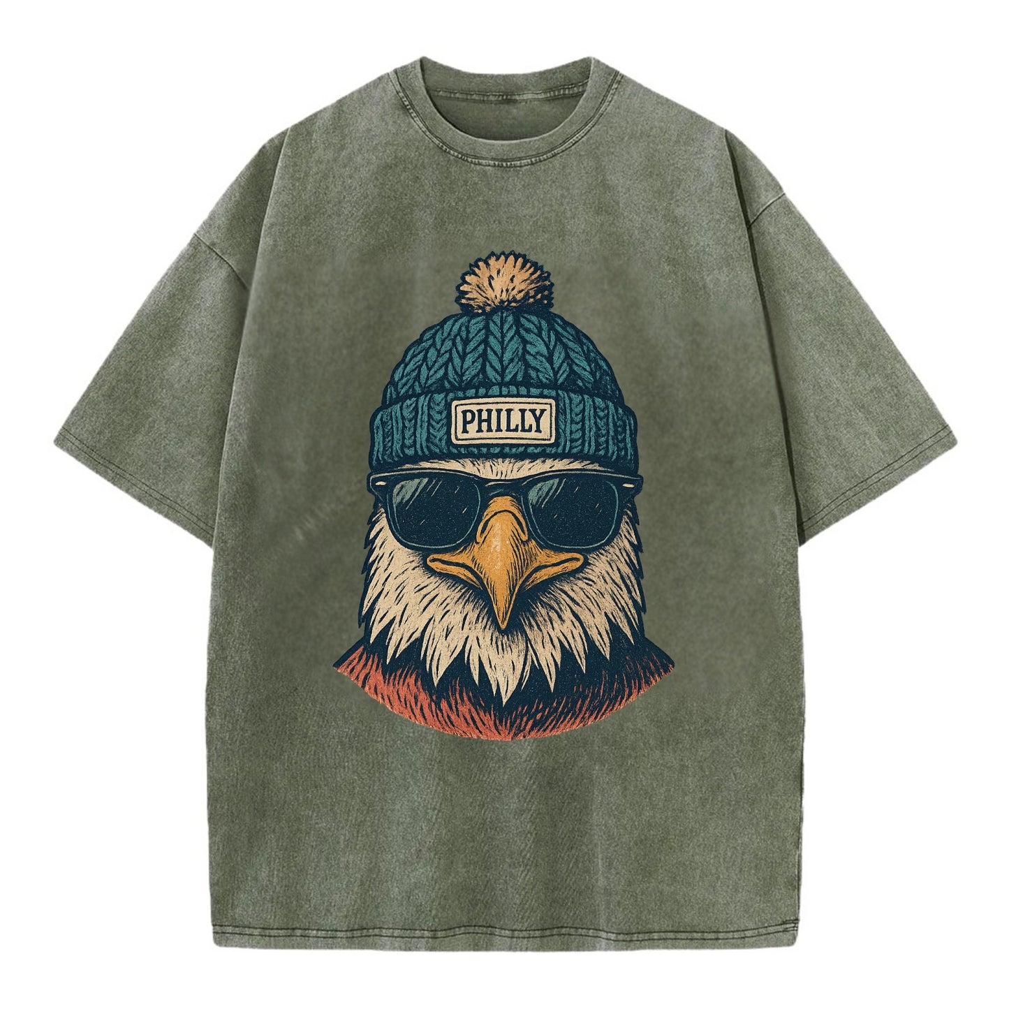 Philadelphia Eagle wearing Philly beanie with pom pom and wayfarer sunglasses - Vintage T-shirt - Army Green
