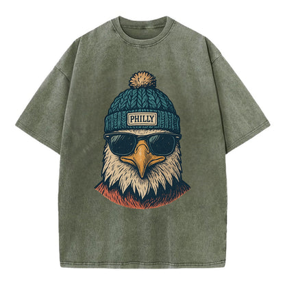Philadelphia Eagle wearing Philly beanie with pom pom and wayfarer sunglasses - Vintage T-shirt - Army Green
