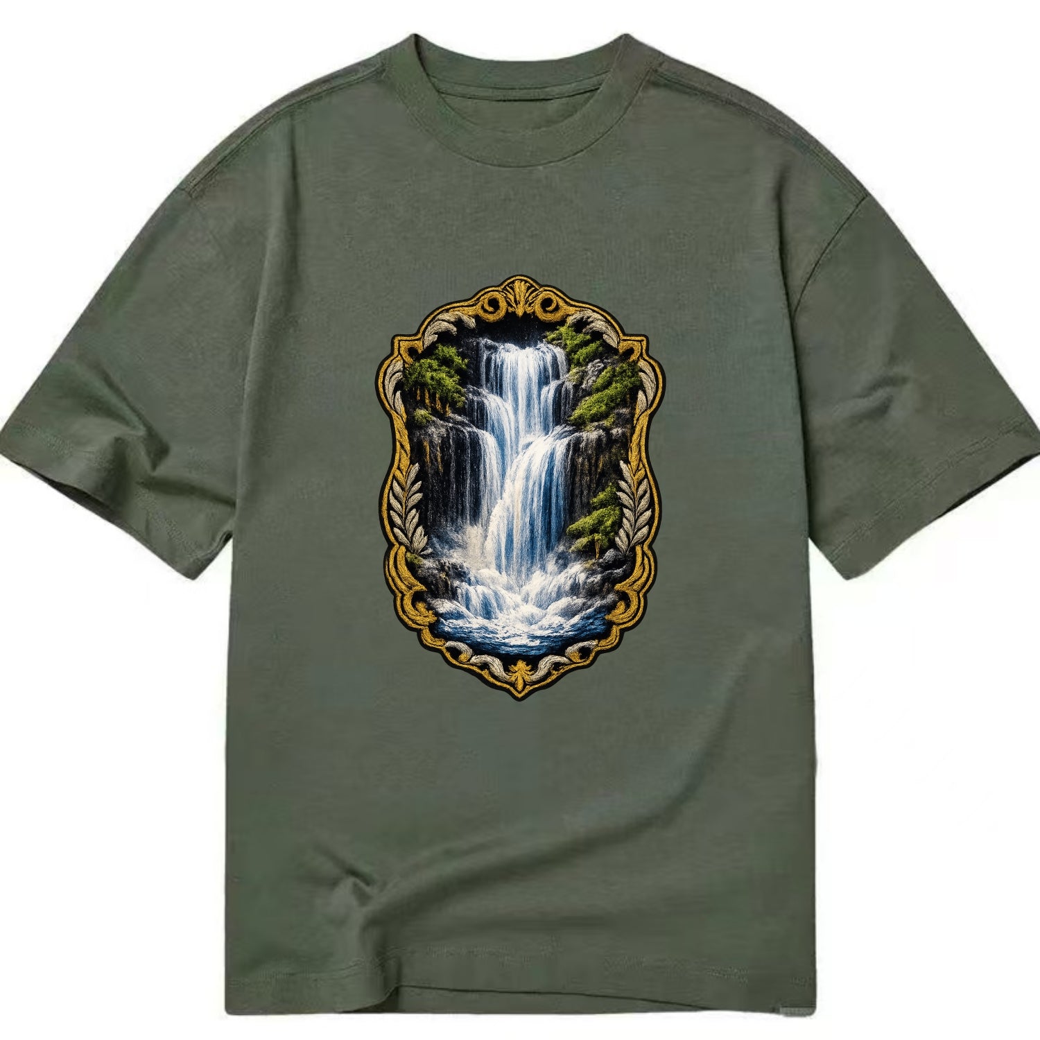 WATERFALL CASCADE - falling water with mist in blue and white , nature wonder - Classic T-shirt - Army Green