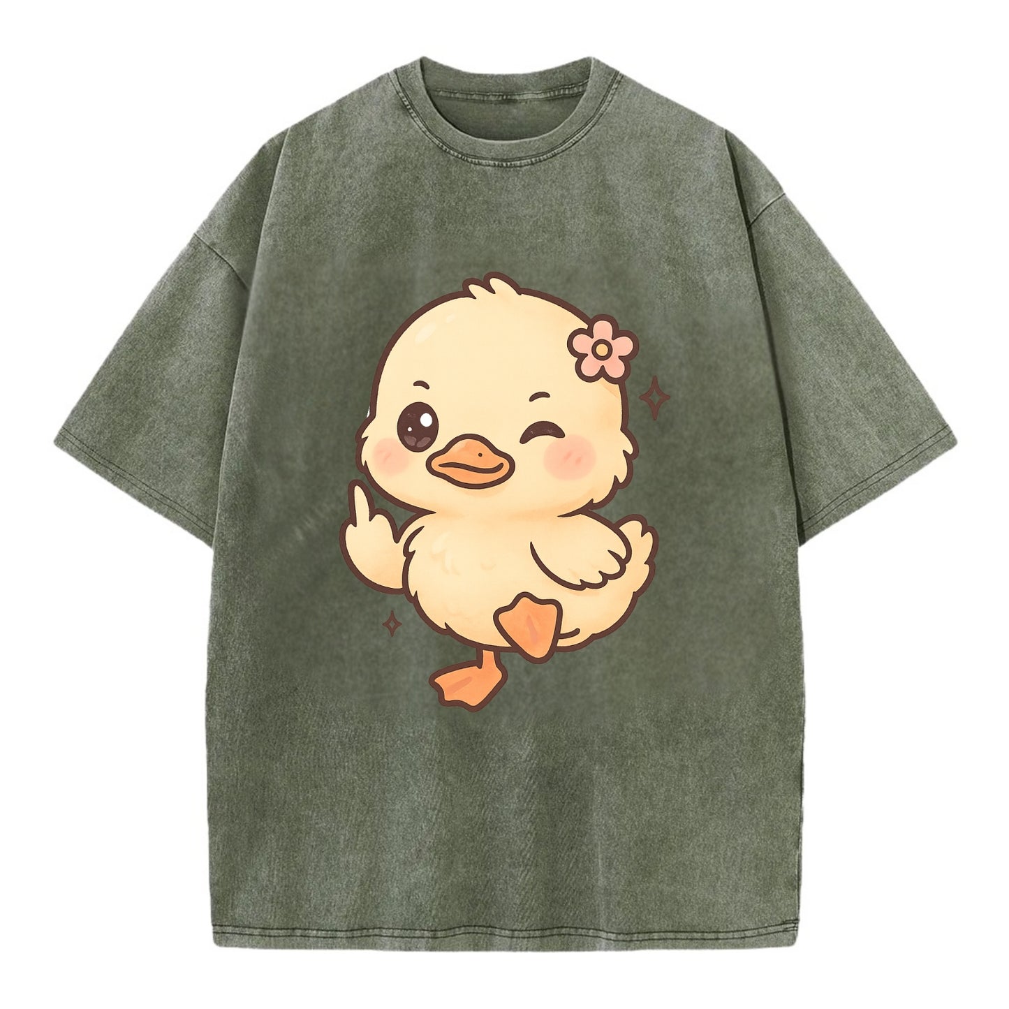 fluffy baby duck with small flower, one webbed foot raised sassily - Vintage T-shirt - Army Green