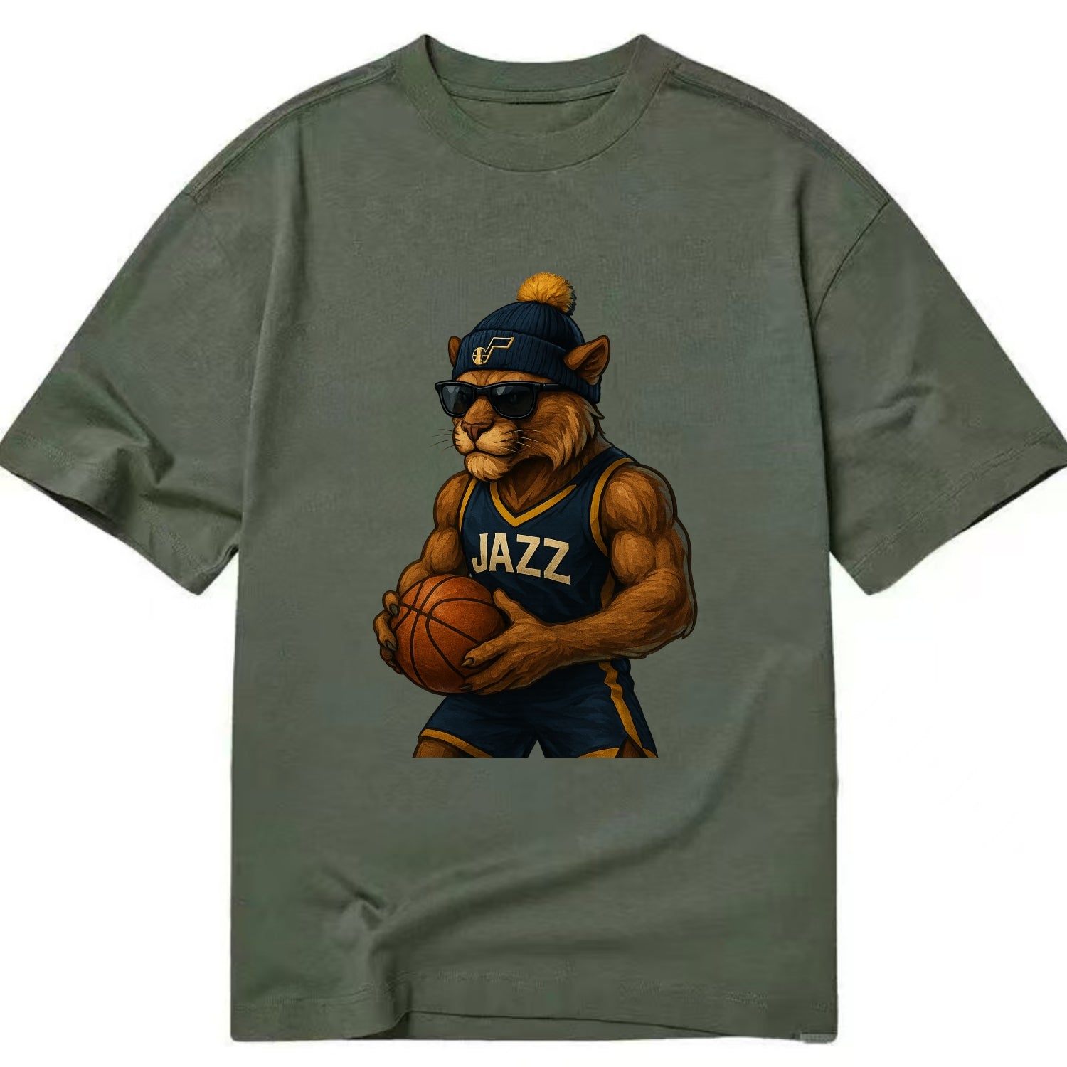 Utah Mountain Lion wearing Jazz navy and yellow beanie with music note and - Classic T-shirt - Army Green
