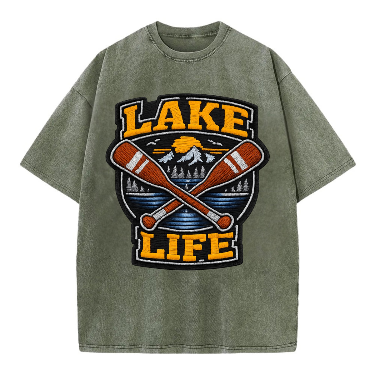 CANOE PADDLE - wooden paddle crossed in brown and cream , lake life - Vintage T-shirt - Army Green