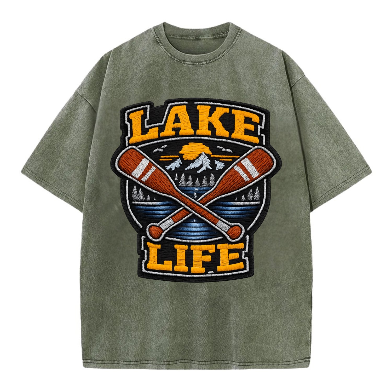 CANOE PADDLE - wooden paddle crossed in brown and cream , lake life - Vintage T-shirt - Army Green