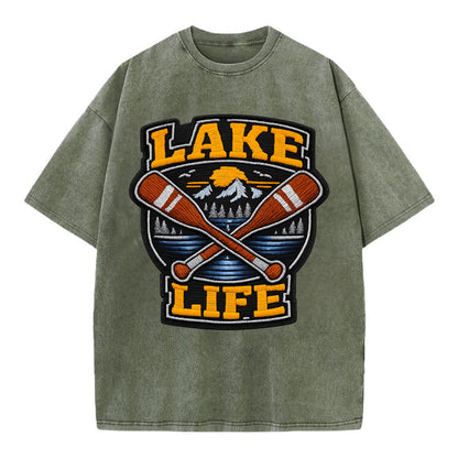 CANOE PADDLE - wooden paddle crossed in brown and cream , lake life - Vintage T-shirt - Army Green