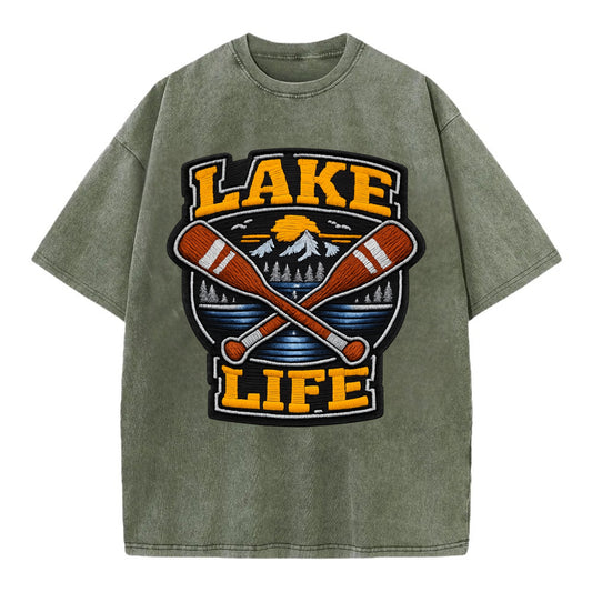 CANOE PADDLE - wooden paddle crossed in brown and cream , lake life - Vintage T-shirt - Army Green