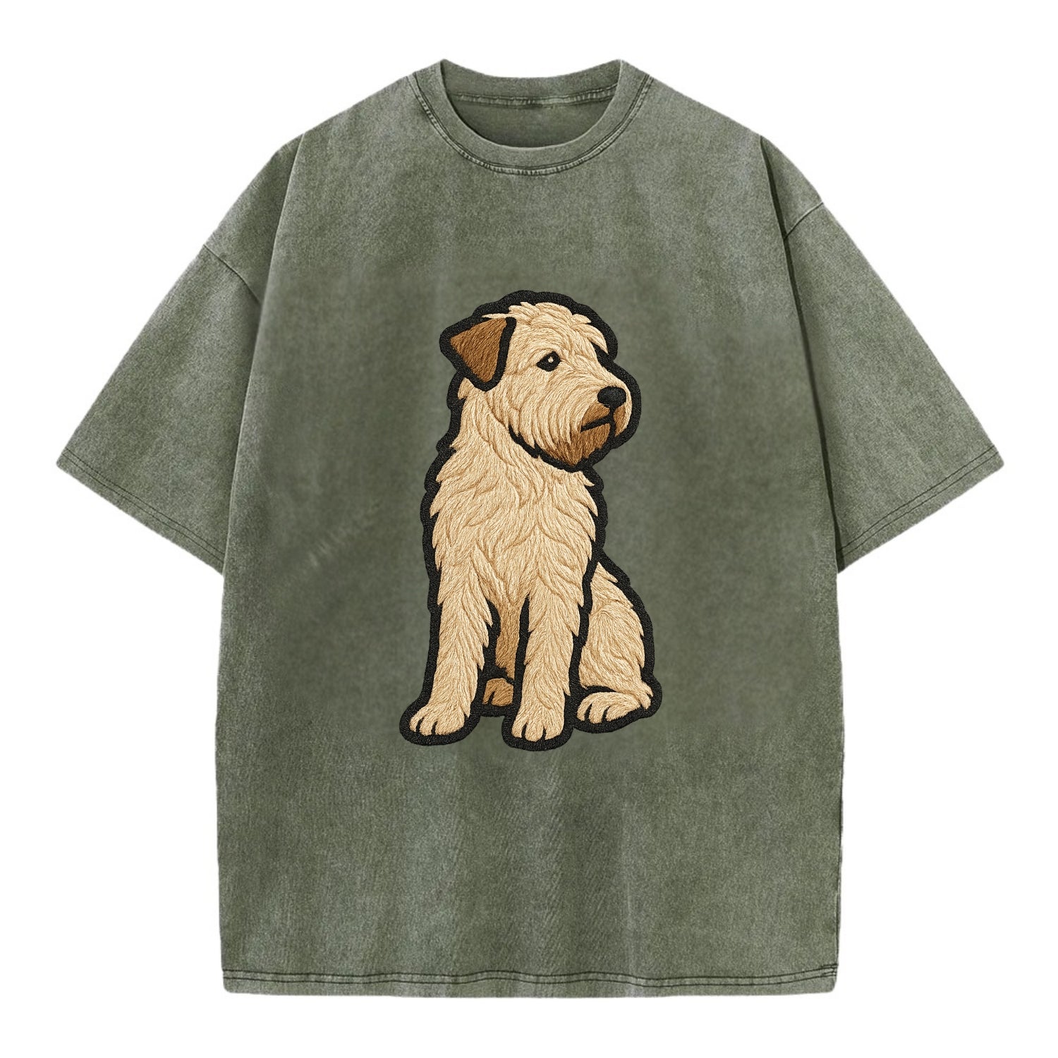 Soft Coated Wheaten Terrier - Light tan flowing coat embroidered pose - Vintage T-shirt - Army Green