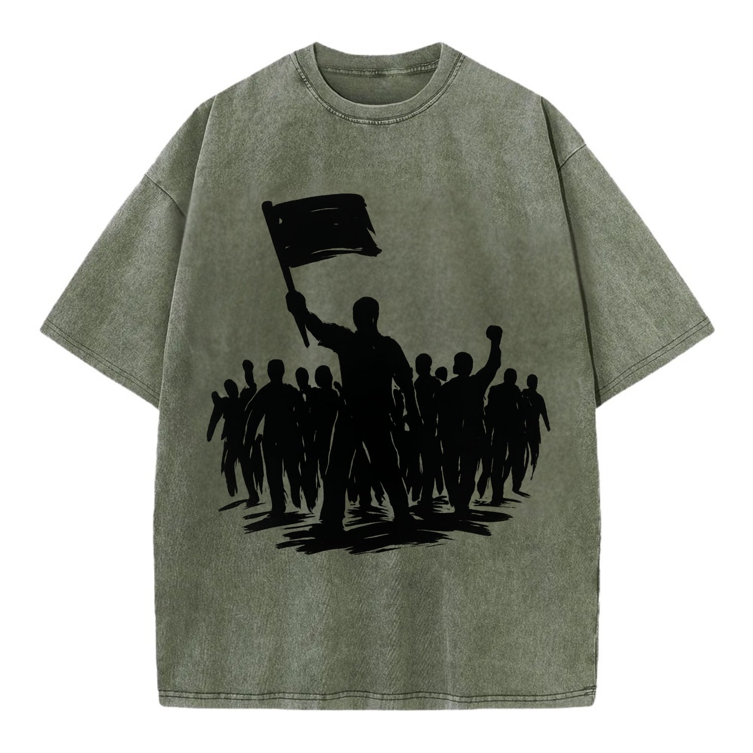 Crowd of protesters marching - solidarity movement ink painting - Vintage T-shirt - Army Green