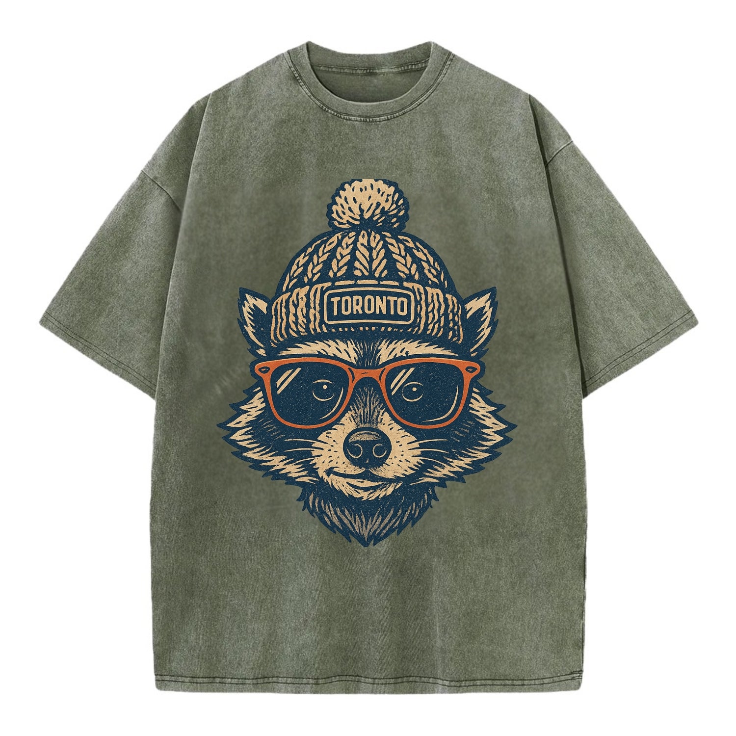 Toronto Raccoon wearing Toronto beanie w - Vintage T-shirt - Army Green