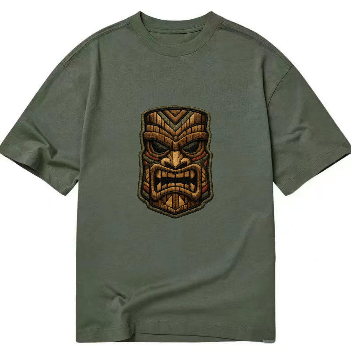 TIKI MASK - carved totem in brown and red , Polynesian - Classic T-shirt - Army Green