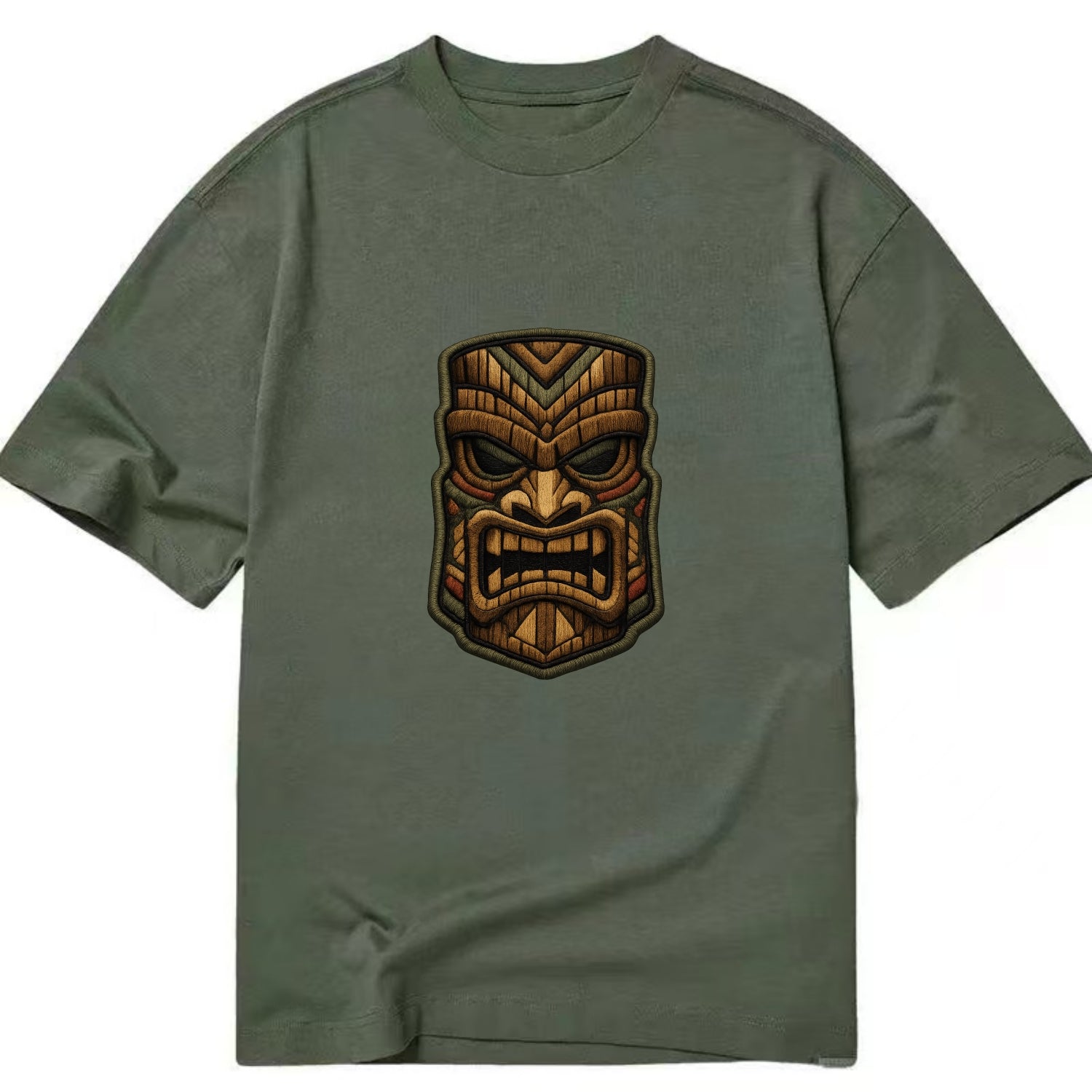 TIKI MASK - carved totem in brown and red , Polynesian - Classic T-shirt - Army Green