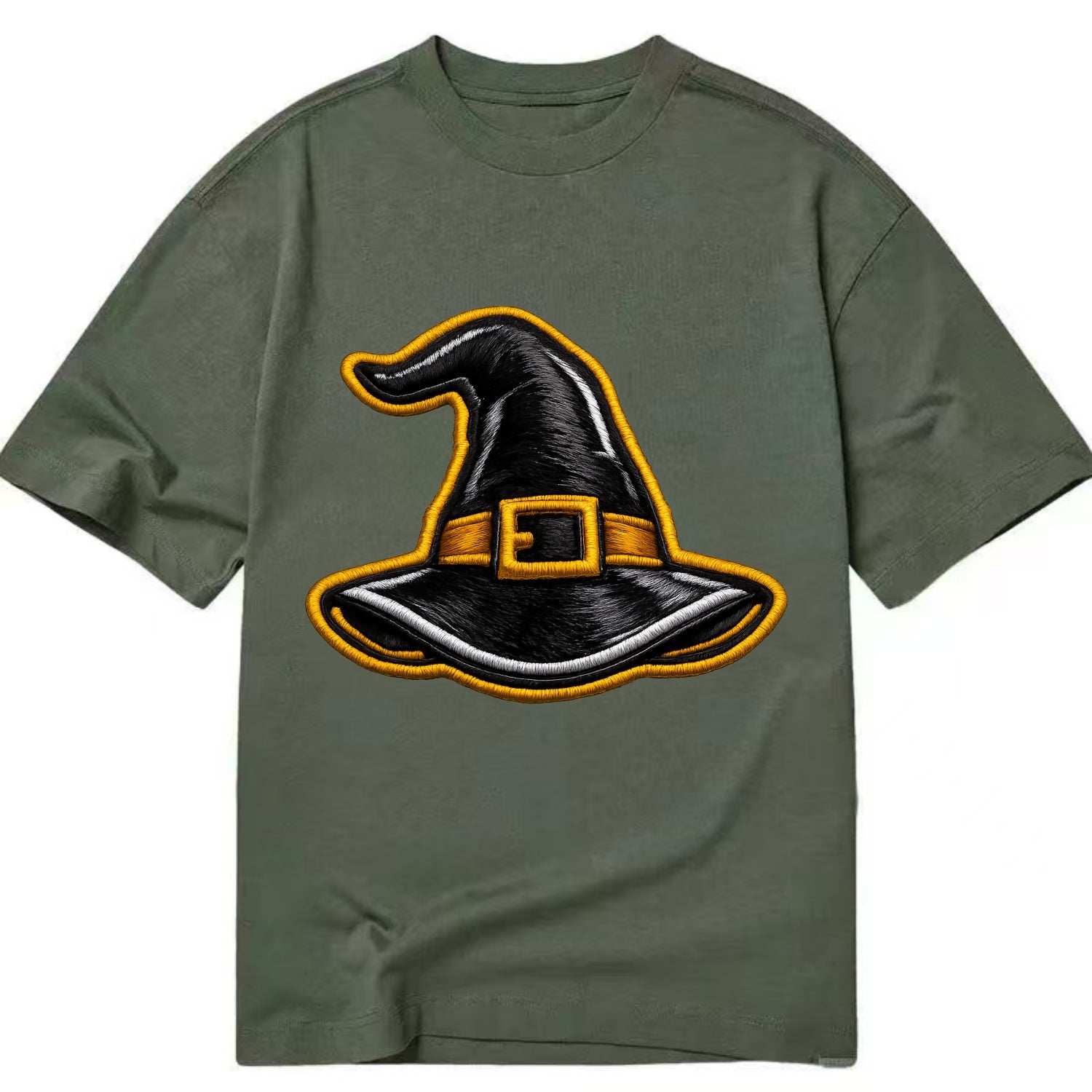 WITCH HAT - pointed hat with buckle in black and gold , coven - Classic T-shirt - Army Green