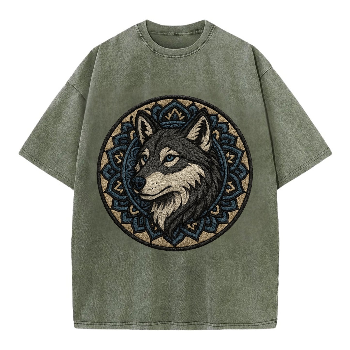 Mandala Wolf Pattern  - Vintage T-shirt - Army Green