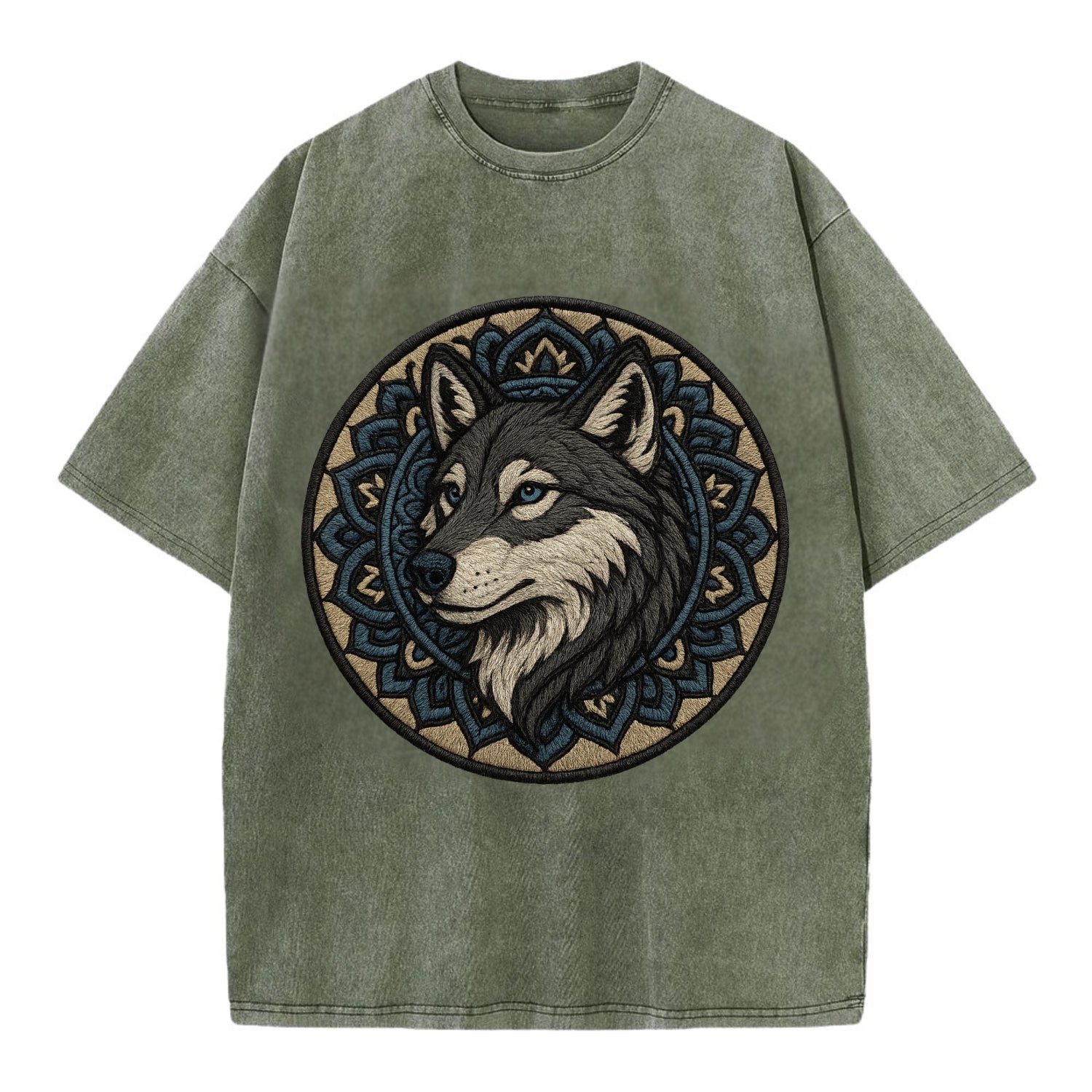 Mandala Wolf Pattern  - Vintage T-shirt - Army Green
