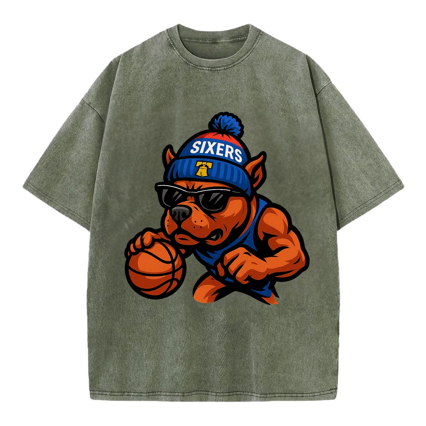 Philly Pitbull wearing Sixers beanie with Liberty Bell and wayfarer sunglasses - Vintage T-shirt - Army Green
